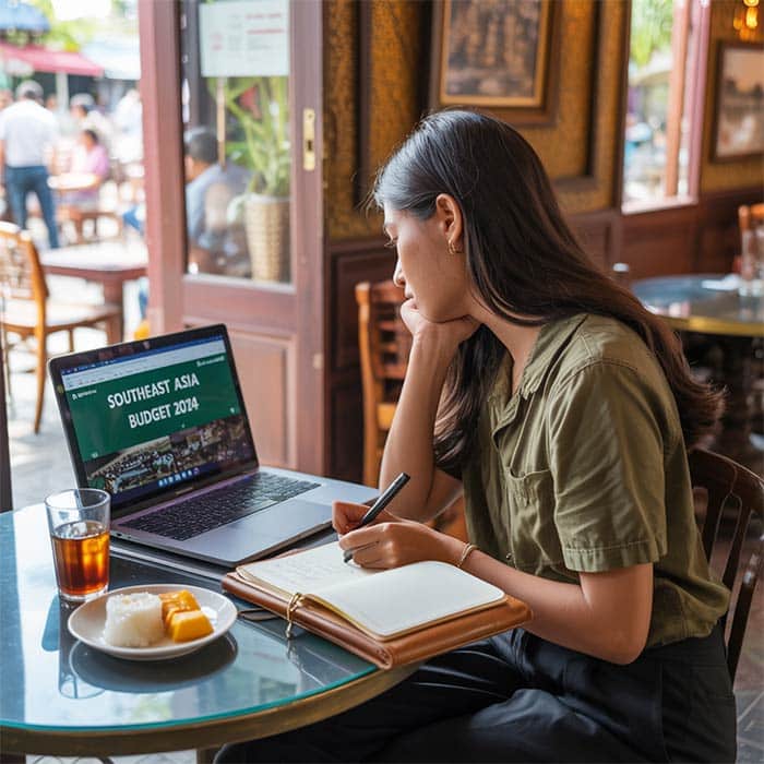 A solo traveler budgeting and planning for their trip to Thailand at a café.