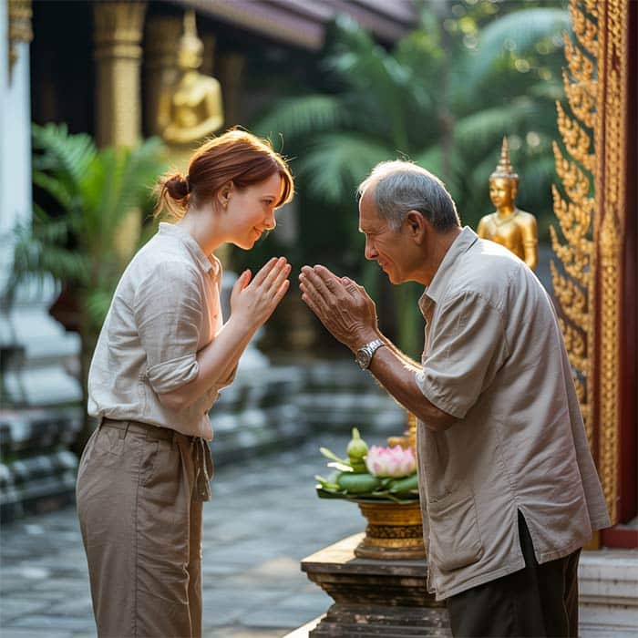 A solo traveler learning and respecting Thai cultural traditions, like the wai.