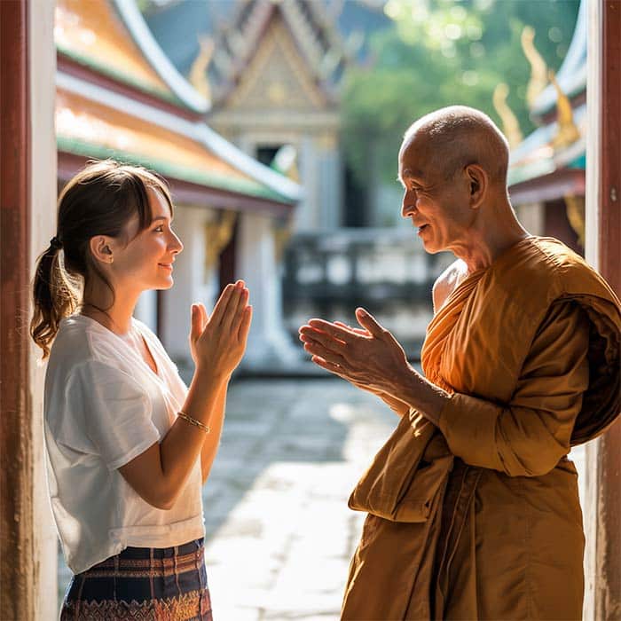 A solo traveler greeting a local in Thailand with the traditional wai gesture.