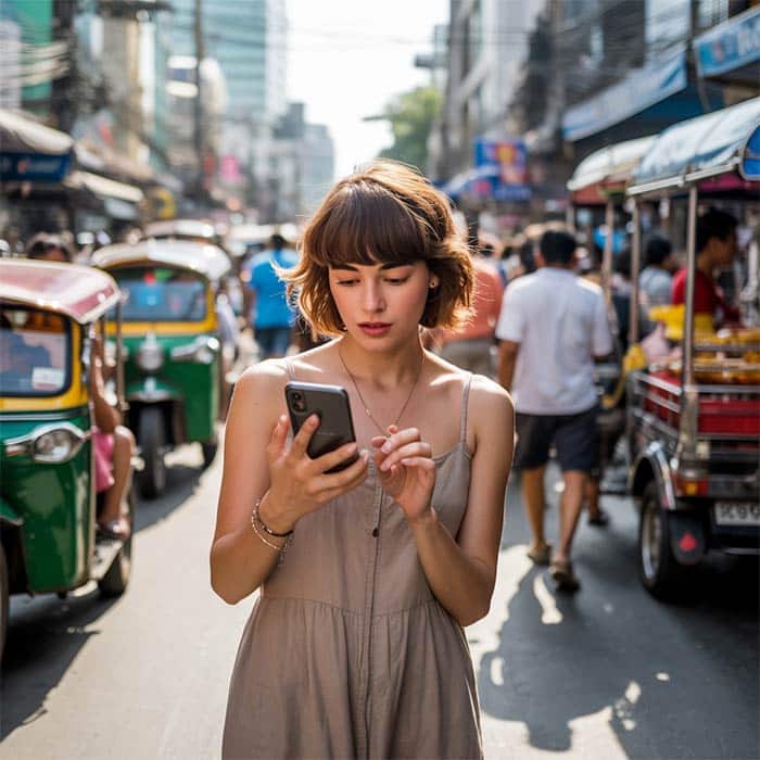 A solo traveler using Google Maps to navigate through the streets of Thailand.