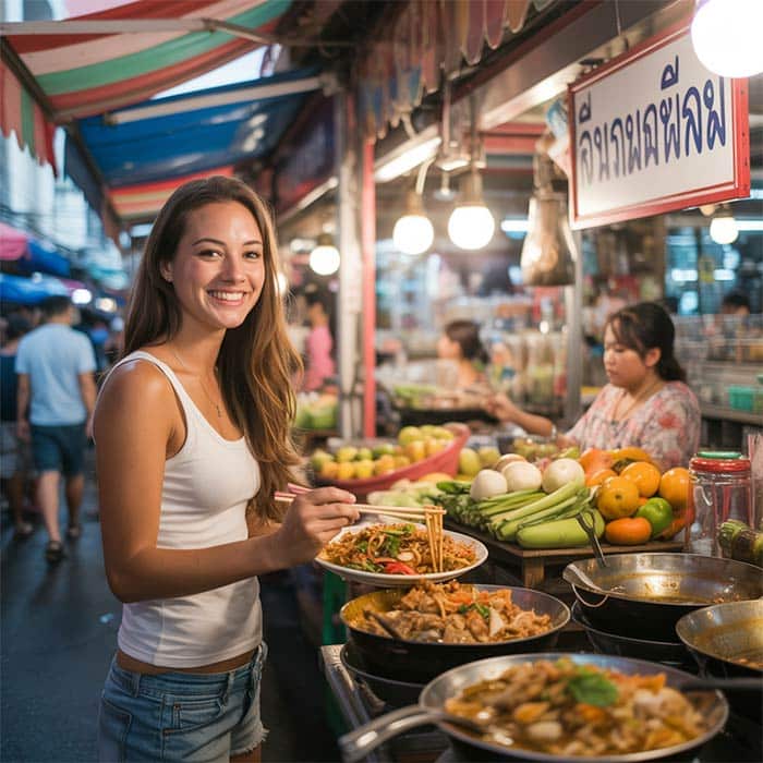A solo traveler enjoying affordable street food in Thailand, saving money.