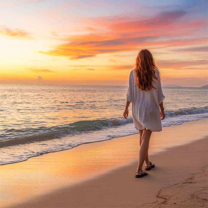 A peaceful beach scene in Phuket, Thailand with a solo traveler enjoying the sunset.