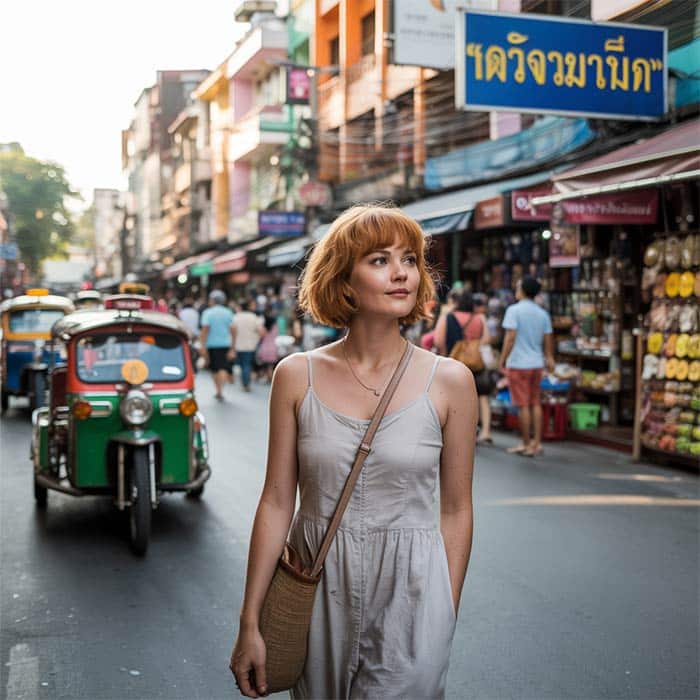 A solo traveler taking safety precautions while navigating a busy Thai street.