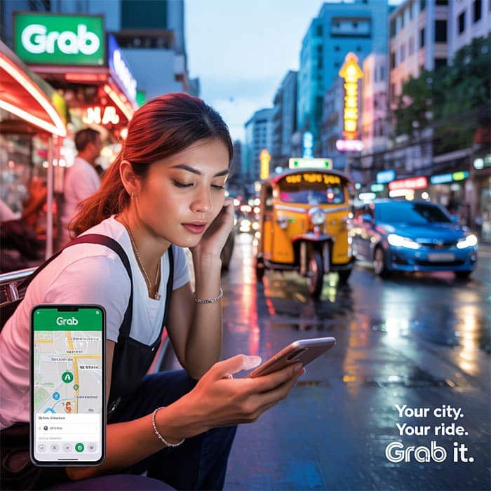 A solo traveler using Grab (rideshare) for safe transportation in Thailand.