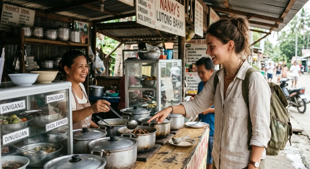 A female solo traveler ordering food at a traditional roadside carinderia food stall in the Philippines.