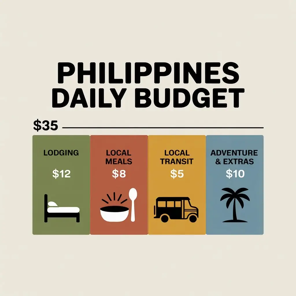 A minimalist vector infographic showing a daily budget breakdown of thirty-five dollars for traveling in the Philippines, divided into lodging, local meals, transportation, and extras.