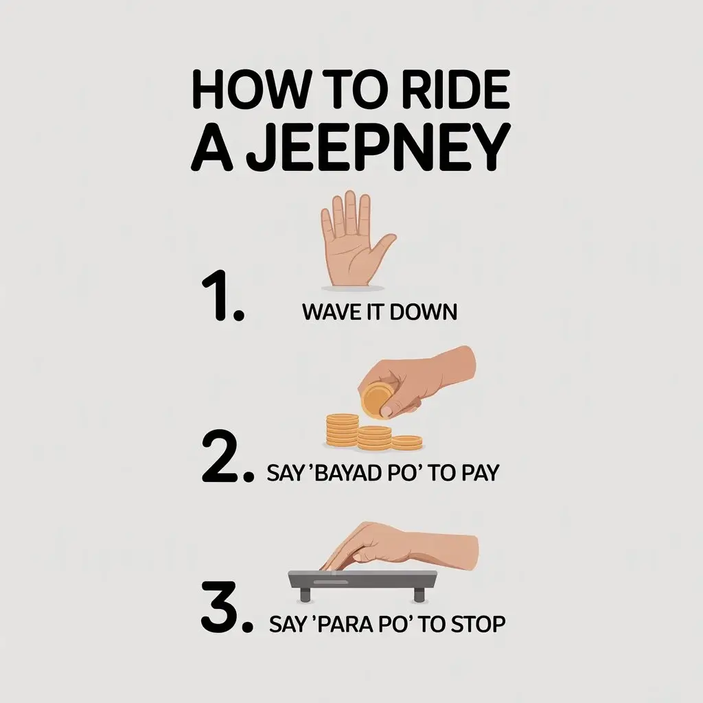 A vertical step-by-step minimalist infographic flowchart detailing how to flag down, pay for, and signal to stop a local public jeepney in the Philippines.