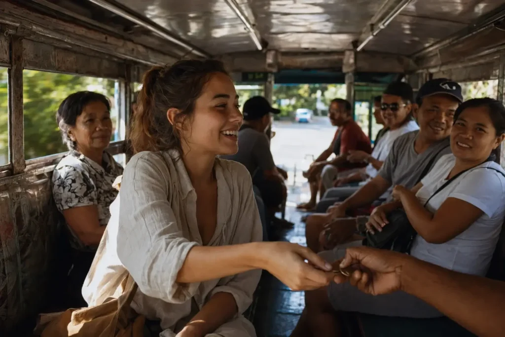 An authentic interior view of a female solo traveler interacting with passengers inside a local public jeepney in the Philippines.