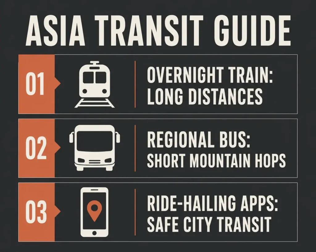 A premium flat-style vector infographic comparison chart displaying the best use cases for overnight trains, regional buses, and regional ride-hailing apps for budget travel in Asia.
