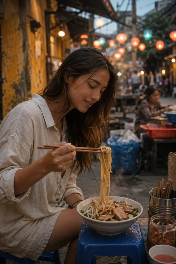  young solo woman traveler eats a bowl of traditional Cao Lau noodles at a local market street stall in Hoi An, Vietnam.