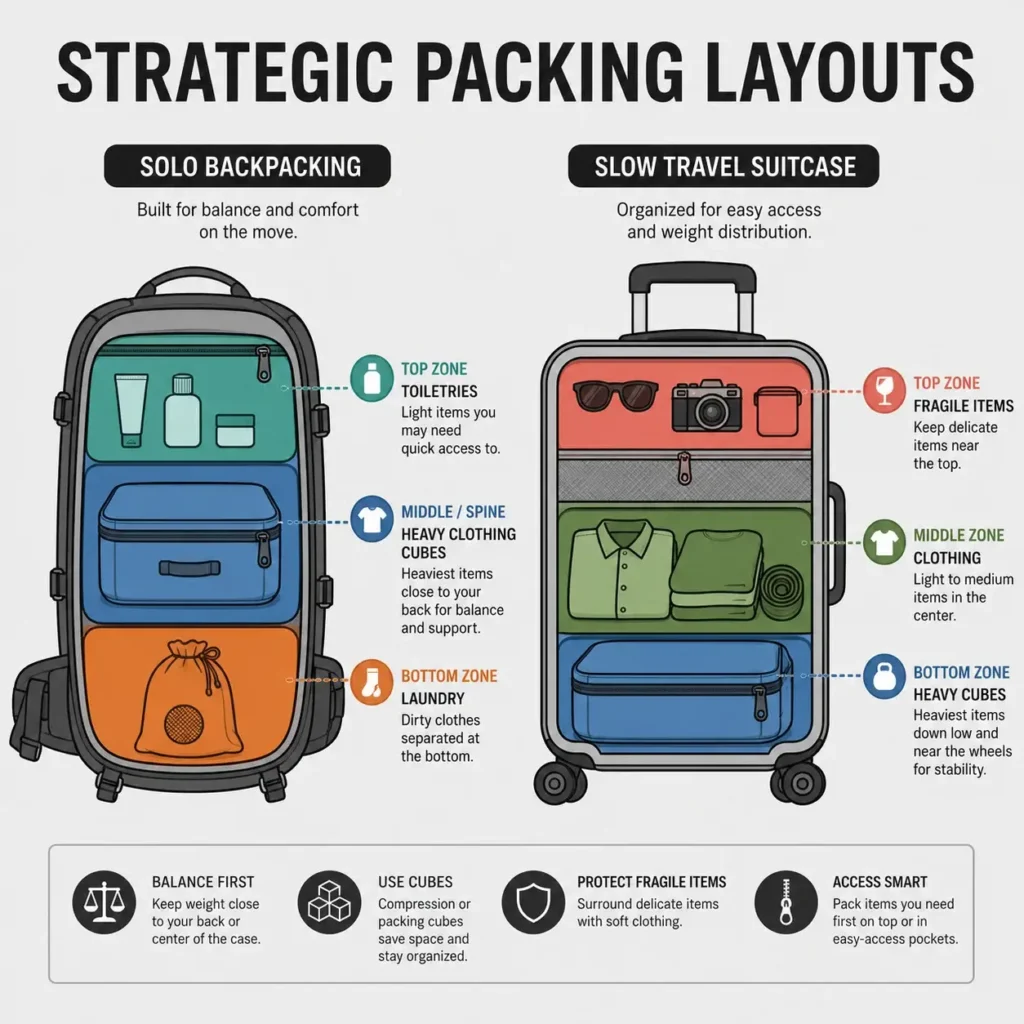 A flat vector design diagram illustrating the optimal packing organizer layouts for both a solo travel backpack and a slow travel rolling carry-on suitcase based on weight distribution.