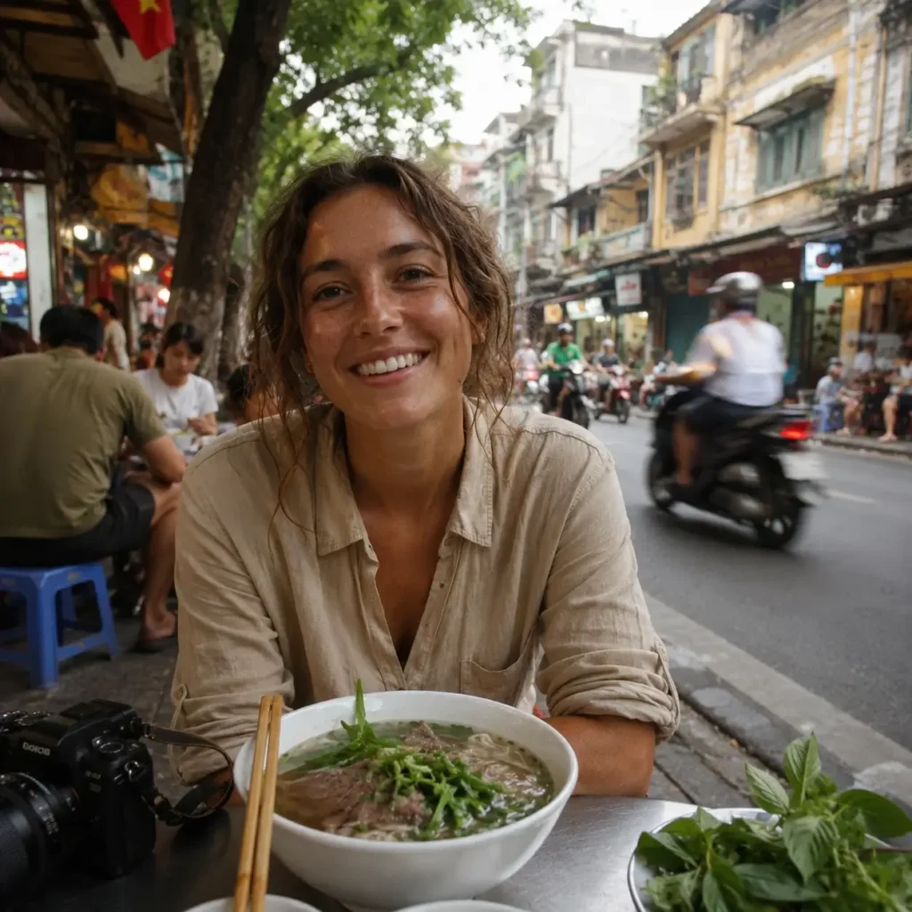 Candid street view of Emma, a solo female backpacker with brown hair, sitting on a low plastic stool at an outdoor street food stall in Hanoi's Old Quarter, holding a bowl of pho.