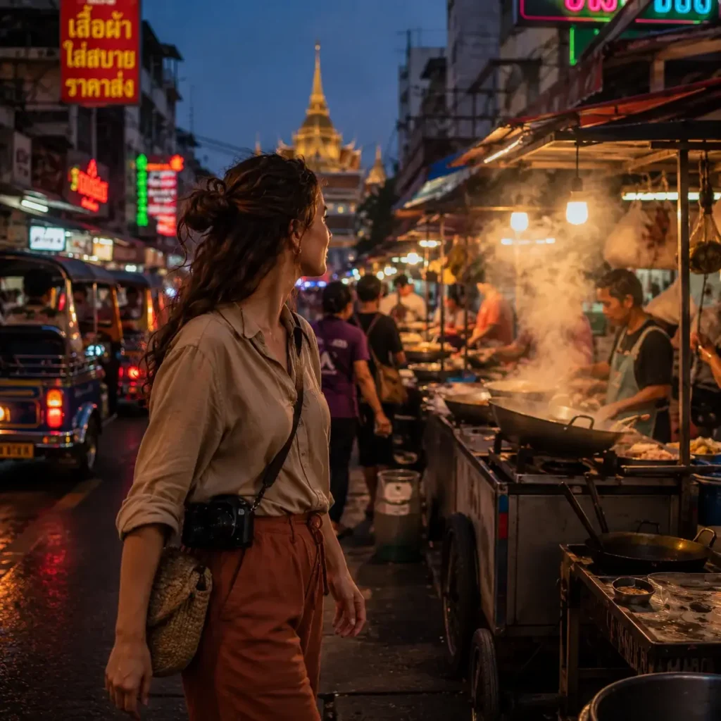 Solo female traveler walking through a bustling Bangkok street food market at dusk, neon signs and golden temple spire in the background, capturing the vibrant chaos of Thailand's capital city.