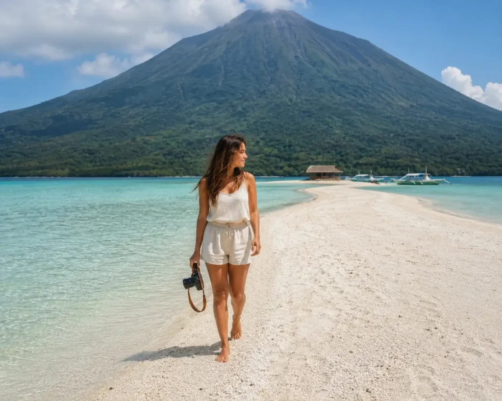 A solo traveler walking on the White Island sandbar in Camiguin, Philippines, with the Mount Hibok-Hibok volcano visible in the background.