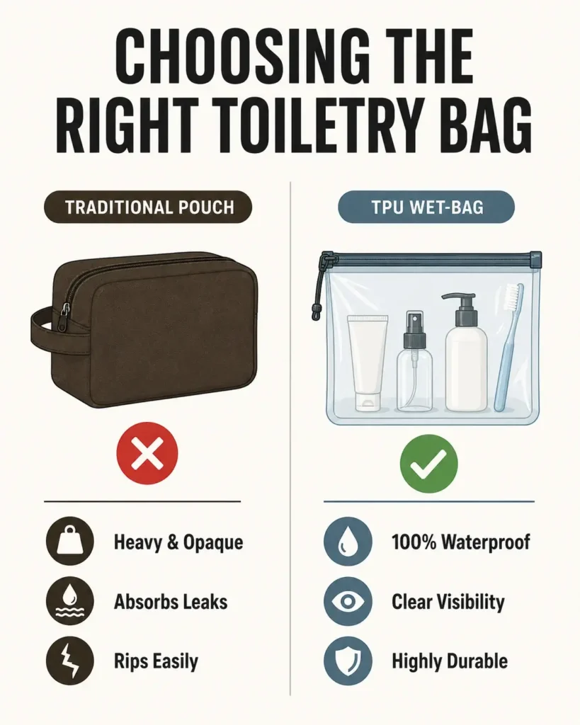 A minimalist travel infographic comparing a standard canvas pouch to a clear waterproof TPU wet-bag across features like leak resistance, visibility, and durability.