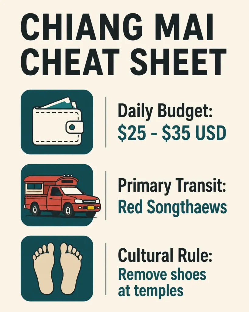 A minimalist flat vector infographic titled Chiang Mai Cheat Sheet, displaying a daily budget of 25 to 35 dollars, red songthaews as primary transit, and the cultural rule to remove shoes at temples.