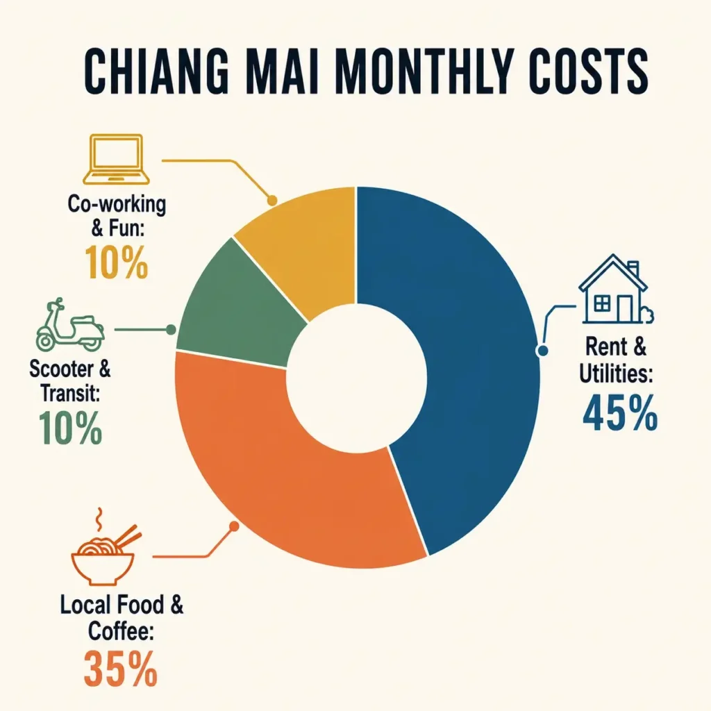 A clean flat design donut chart breaking down monthly slow travel expenses in Chiang Mai, Thailand, showing forty-five percent spent on rent, thirty-five percent on food, ten percent on transport, and ten percent on co-working.