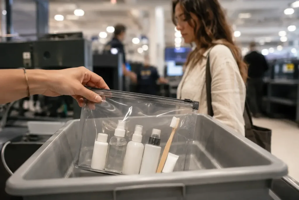 A clear, waterproof TPU travel toiletry bag containing small travel bottles sitting inside a plastic airport security screening bin.
