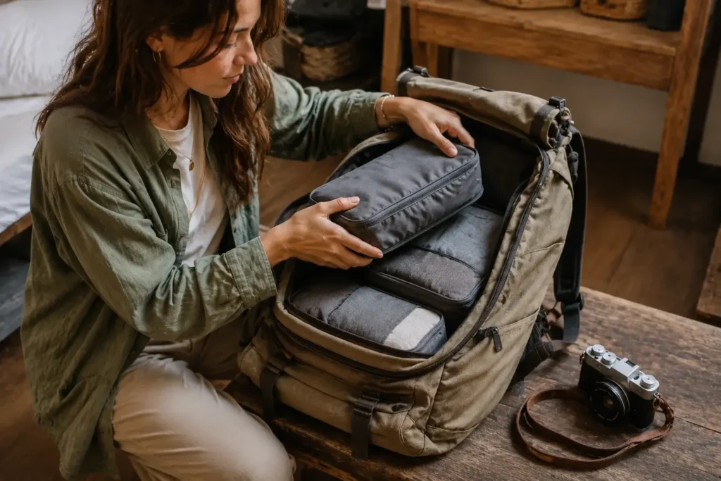 Hands of a solo traveler organizing rolled clothing inside grey compression packing cubes into an open carry-on backpack.