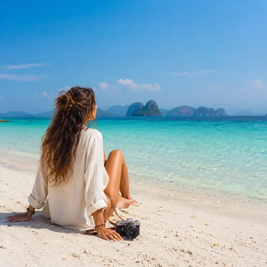 A peaceful solo traveler sitting on the pristine, empty white sand beach of Koh Kradan, Thailand, overlooking vibrant turquoise ocean waters.