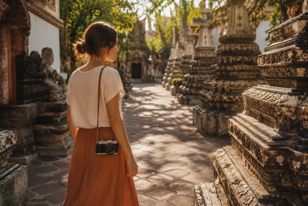 A female solo traveler with a mirrorless camera wearing a modest maxi skirt and cream top while walking through a historic temple courtyard in Thailand.