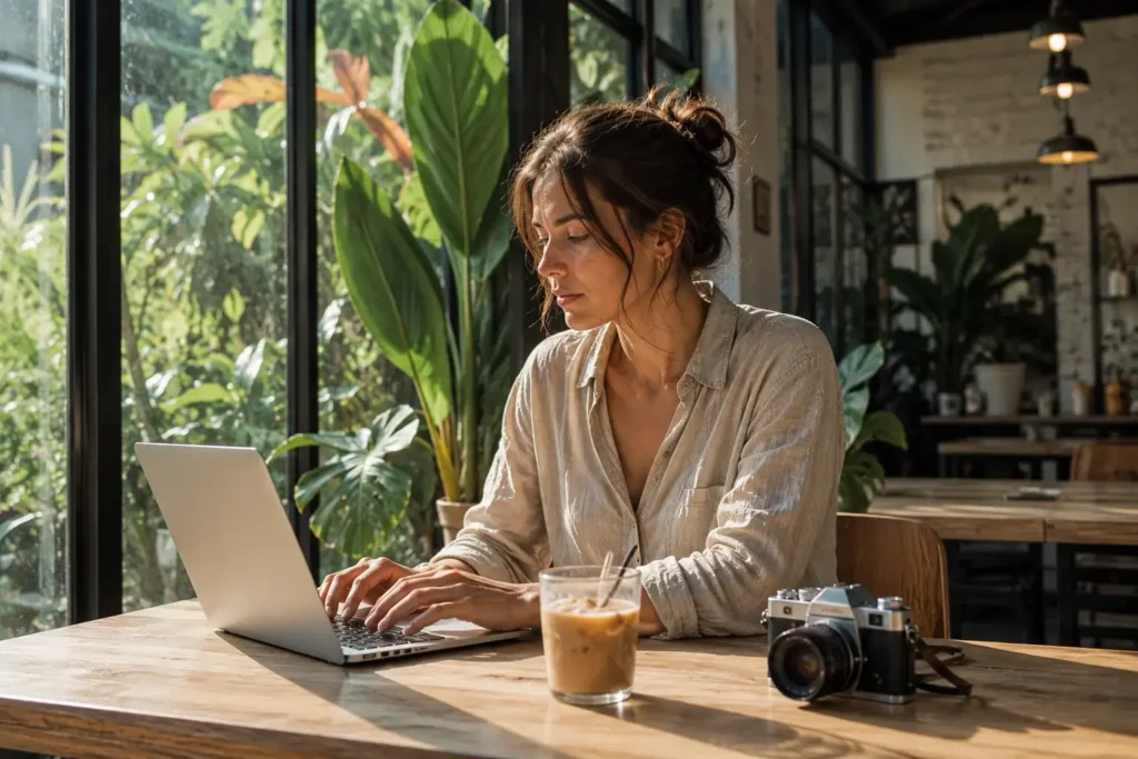 Young female digital nomad with brown hair working on a laptop at a wooden table inside a modern, plant-lined co-working cafe in Chiang Mai, Thailand.