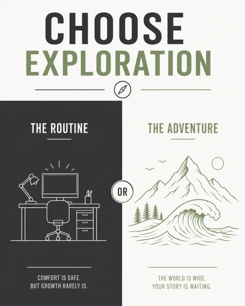 A minimalist vector infographic titled 'Choose Exploration' comparing the stagnation of a corporate routine with the freedom of island adventure.