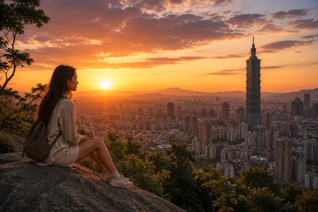 A solo traveler sits on a boulder on Elephant Mountain looking out over the Taipei 101 skyscraper and city skyline at sunset.