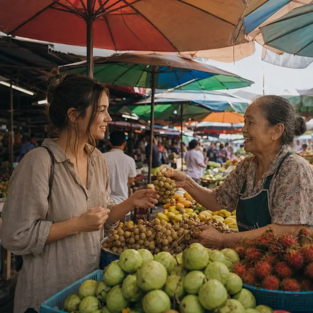 Solo traveler Emma Collins wearing linen clothes while exploring a bustling local food market in Chiang Mai, Thailand during a slow travel trip.