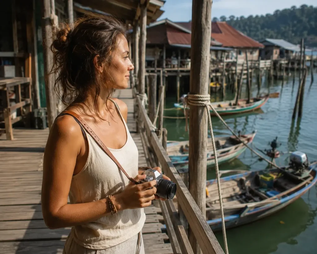Travel blogger Emma Collins exploring the stilted wooden pathways of Ao Yai fishing village in Koh Kood, Thailand, holding a mirrorless camera.