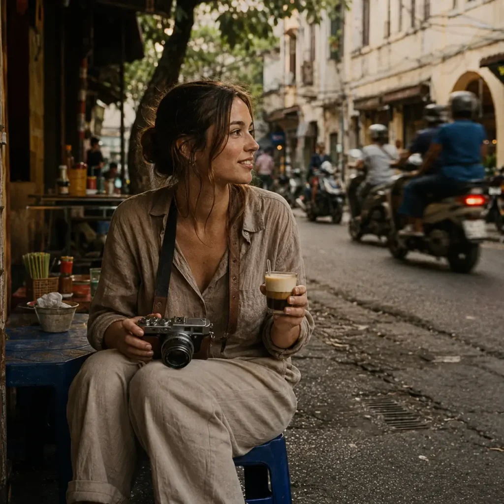 Emma Collins sitting on a traditional sidewalk stool in Hanoi's Old Quarter, Vietnam, enjoying an authentic egg coffee with her camera nearby.
