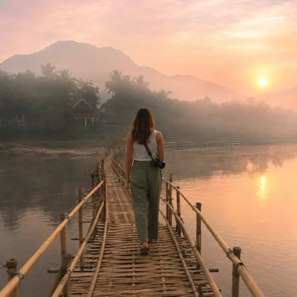 A female solo traveler walking across a hand-built bamboo bridge in Luang Prabang, Laos, surrounded by misty sunrise mountains and a peaceful river.
