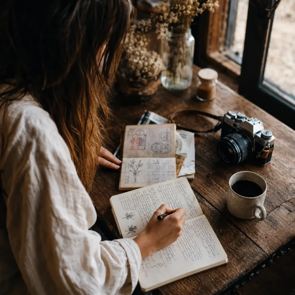 Close-up photo of solo traveler Emma Collins organizing her passport, travel journal, and mirrorless camera at a wooden cafe table.
Reference Asset Check: Reference image 