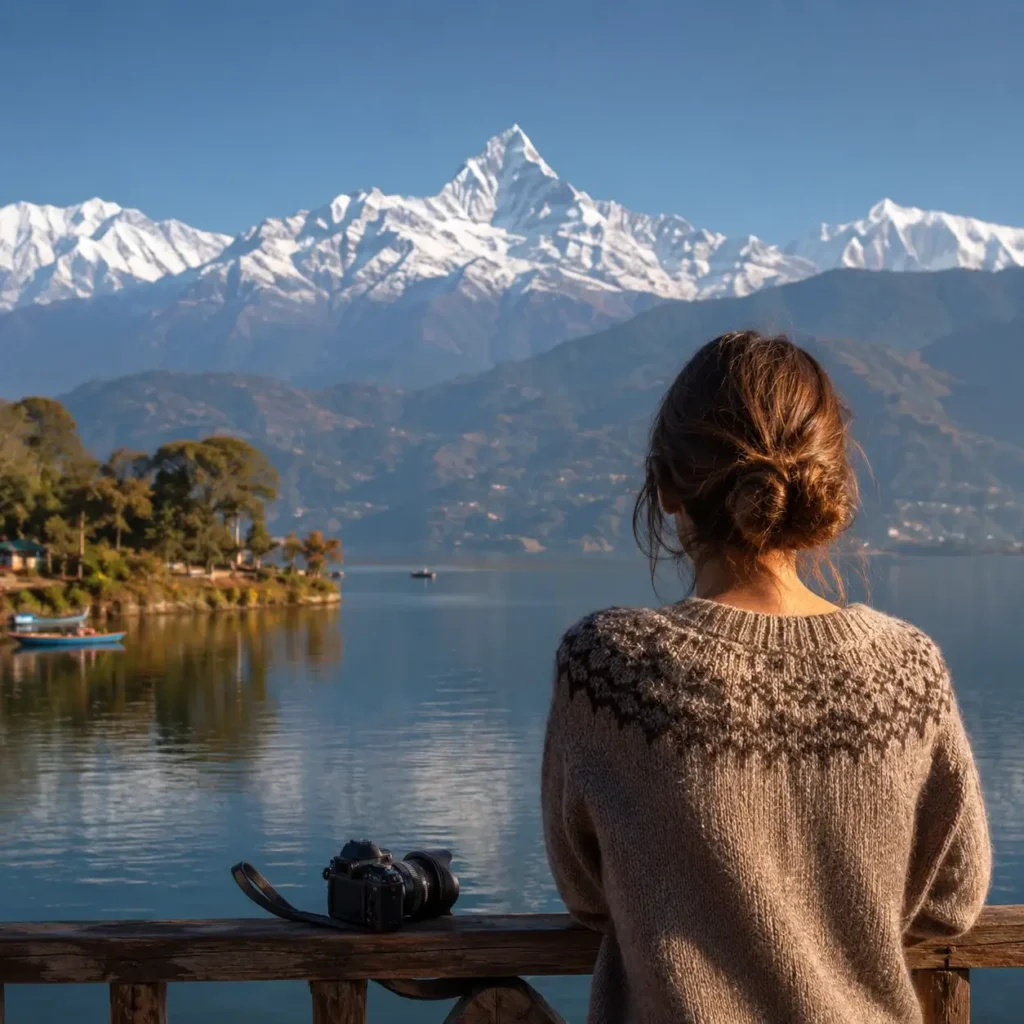 Emma Collins overlooking the calm waters of Phewa Lake with the snow-capped Annapurna Himalayan mountains in the background in Pokhara, Nepal.