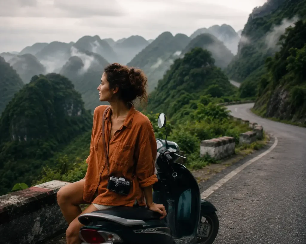 Emma Collins pausing on a rental scooter along a jungle mountain road in Cat Ba National Park, Vietnam, with a mirrorless camera on her shoulder.