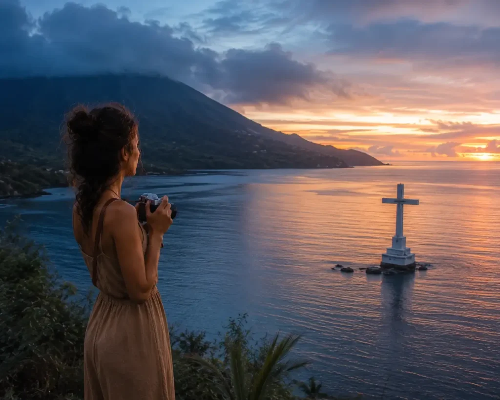 Solo traveler Emma Collins overlooking the giant cross monument of the Sunken Cemetery in Camiguin, Philippines, holding a mirrorless camera at sunrise.