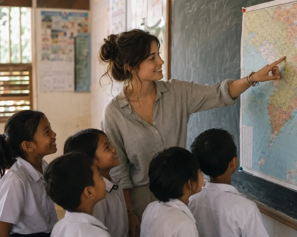 Emma Collins teaching a classroom of local children in Southeast Asia, highlighting sustainable long-term travel options.