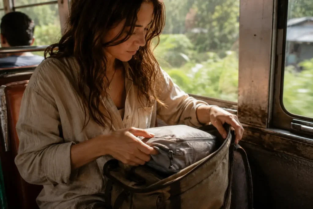 A female solo traveler organizes her backpack on a local Thailand bus using a flexible, ultra-lightweight grey nylon packing cube.