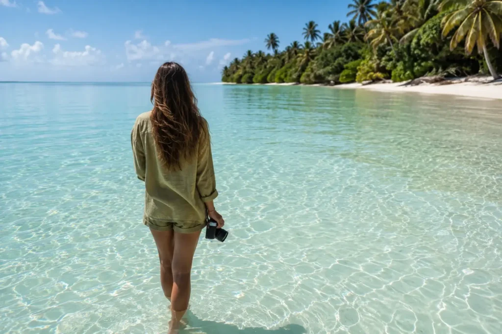 Clear shallow water lagoon and fine white sand beach at the uninhabited west end of Fulhadhoo Island in Baa Atoll Maldives.