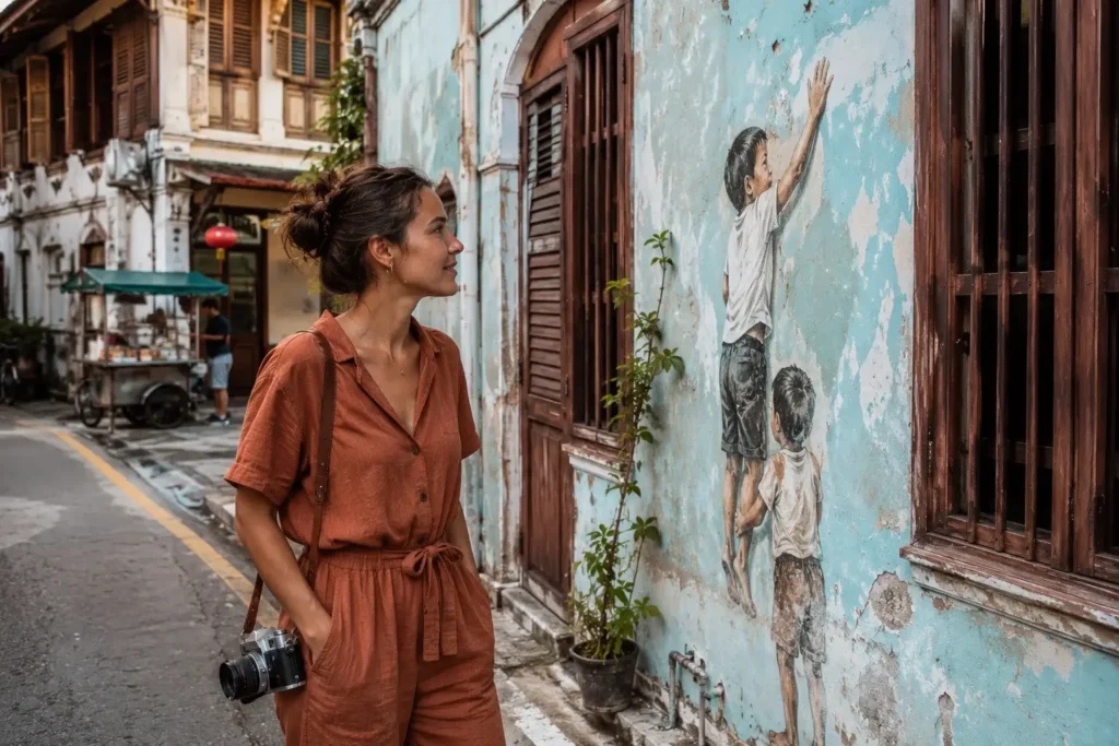 A young female solo traveler in a linen jumpsuit looking at historic street art murals on a colonial shophouse street in George Town, Penang, Malaysia.