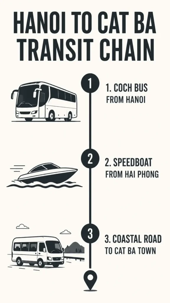 A vertical flat vector infographic showing the three-step transit route from Hanoi to Cat Ba Town via tourist coach and speedboat.