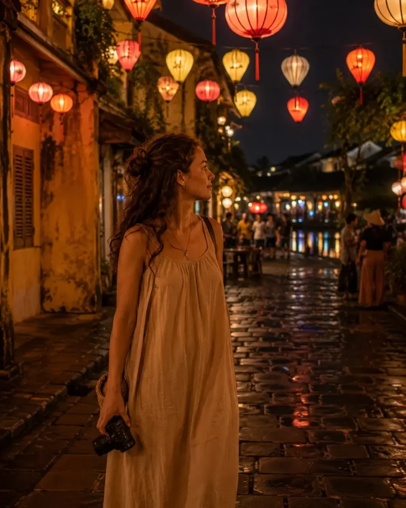 Solo traveler walking through the lantern-lit streets of Hoi An Ancient Town at night, colorful silk lanterns reflecting along the Thu Bon River in Vietnam.