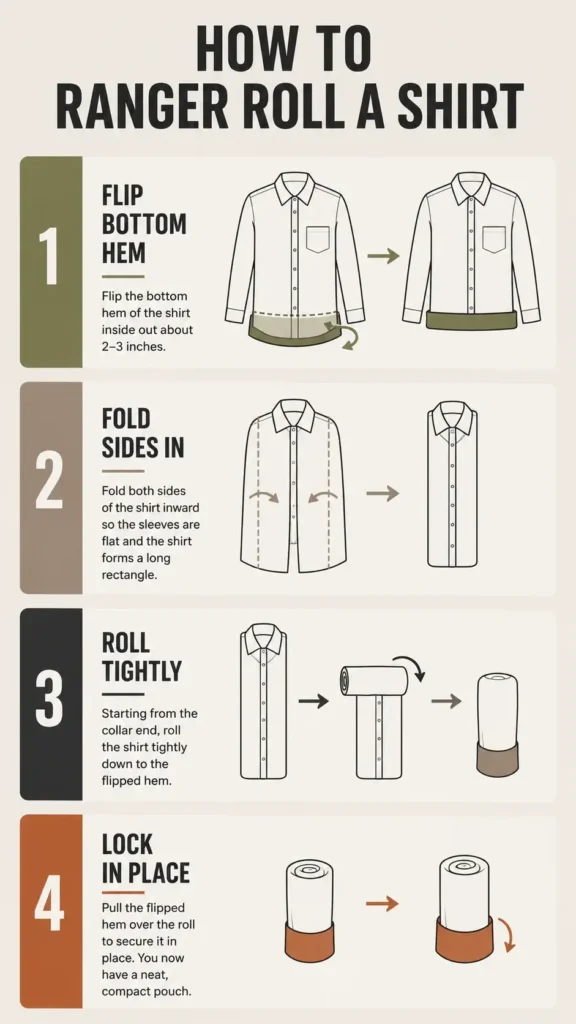 A vector step-by-step infographic demonstrating how to ranger roll a shirt for travel packing, showing the hem flip, side fold, tight roll, and final secure pouch lock steps.