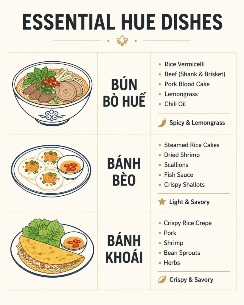 A minimalist vector food guide infographic comparing three traditional dishes from Hue, detailing their main ingredients and flavor characteristics.