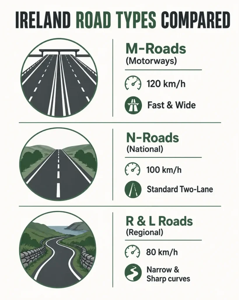 A minimalist vector infographic comparing Irish road classifications (M-roads, N-roads, and R/L-roads) with their legal speed limits and lane characteristics for trip planning.