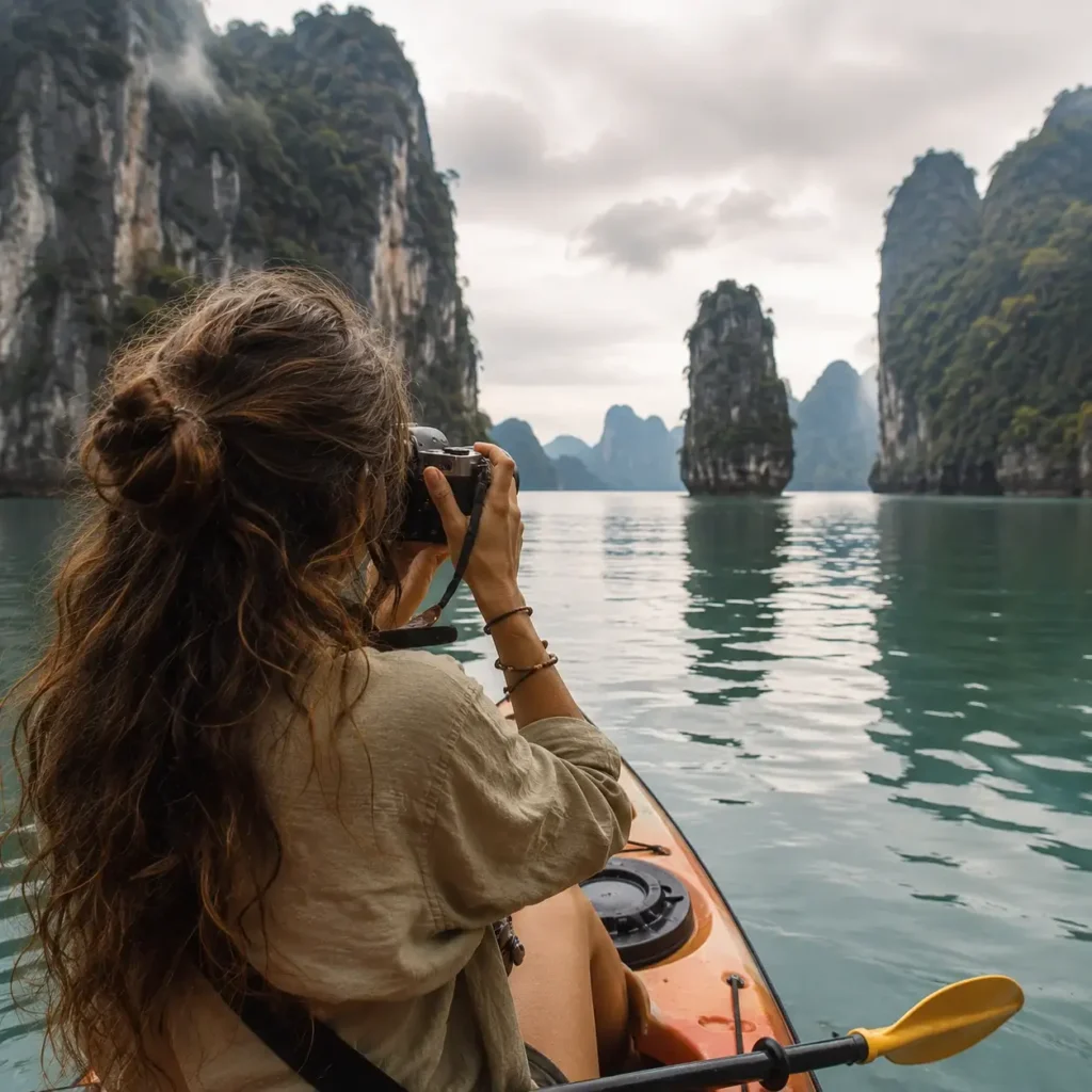 Over-the-shoulder view of a solo traveler kayaking past towering limestone karst islands in the emerald waters of Koh Yao Noi, Thailand.