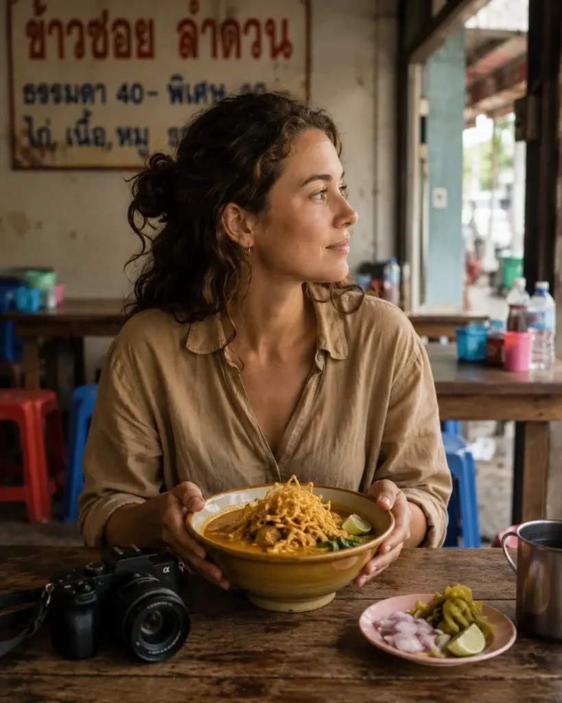 Bowl of authentic khao soi curry noodle soup at a local Chiang Mai eatery, with a solo traveler enjoying the northern Thai dish, showcasing real street-level Thailand food culture.
