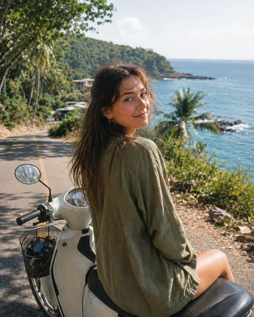 A solo female traveler on a white scooter exploring the quiet coastal roads of Koh Lanta, Thailand, with the blue ocean and jungle in the background.