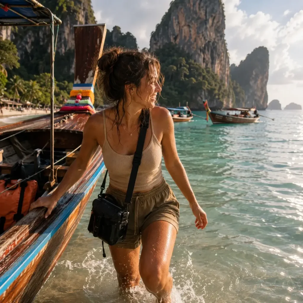 Candid photo of a female solo traveler with brown hair stepping out of a traditional wooden longtail boat onto the white sands of Tonsai Beach in Krabi, Thailand.