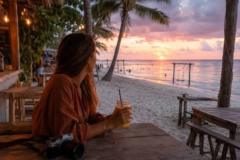 Solo female traveler sitting at a beachside juice bar during a purple sunset at Maafushi Island bikini beach Maldives.